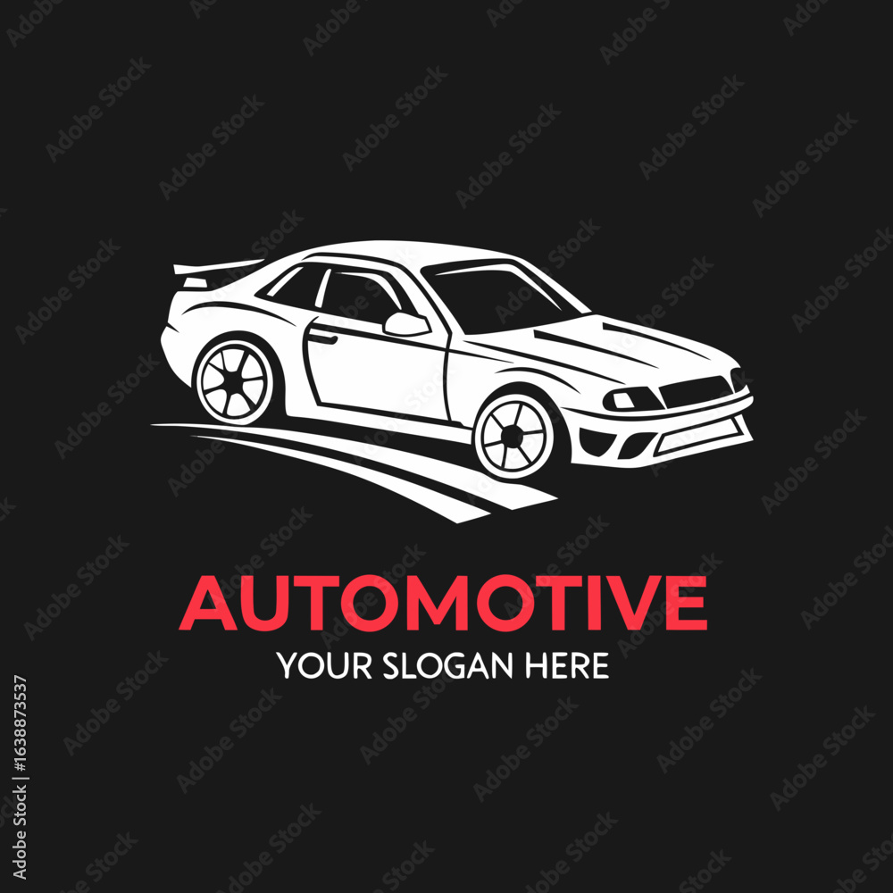 Bold Automotive Logo with White Sports Car and Red Text on Black Background Bold Automotive Logo with White Sports Car and Red Text on Black Background