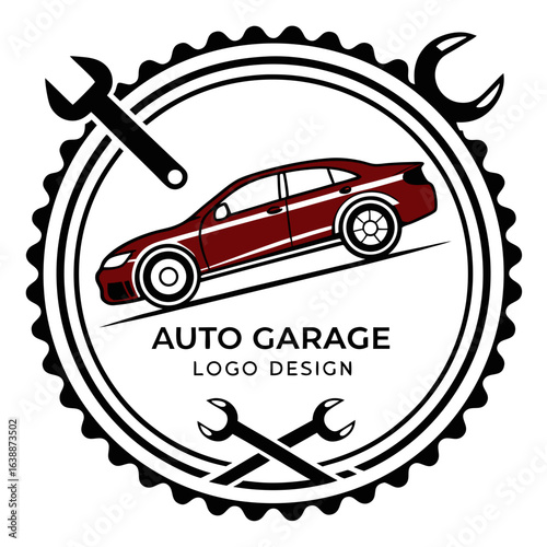 Auto Garage Logo with Red Car, Gear Border, and Wrenches