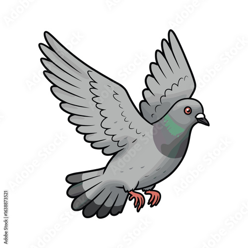 Detailed cartoon illustration of a flying pigeon with outstretched wings – stock vector flat illustration