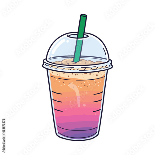 Colorful iced beverage in plastic cup with green straw – stock vector flat illustration