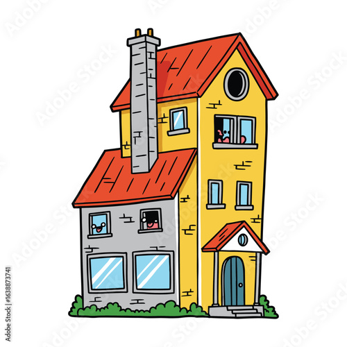 Quirky multistory house with colorful architecture and unique windows – stock vector flat illustration