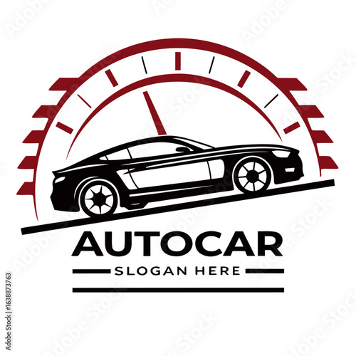 AUTOCAR Logo with Speedometer and Inclined Car in Modern Black and Red Design