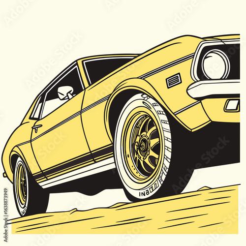 A yellow classic car, possibly a Chevy Nova, is depicted in a vintage style. The illustration has bold outlines, solid colors, and a dynamic angle.

