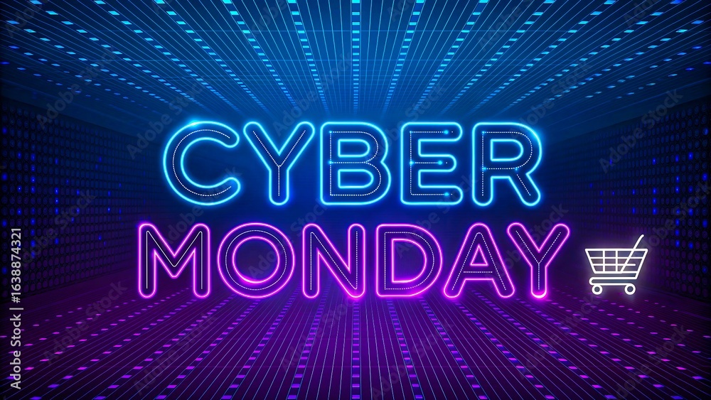 Fototapeta premium Cyber monday neon sign with shopping cart icon on glowing blue background 