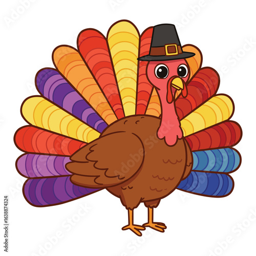 Colorful cartoon turkey with pilgrim hat celebrating thanksgiving – stock vector flat illustration