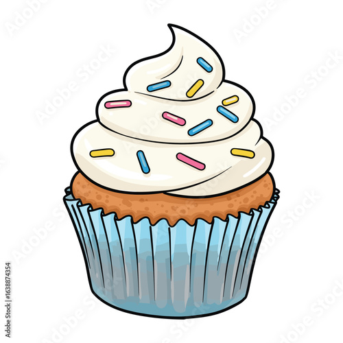 Delicious vanilla cupcake with colorful sprinkles in light blue wrapper – stock vector flat illustration
