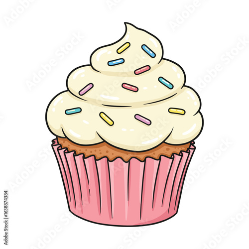 Colorful sprinkles on vanilla cupcake in pink wrapper – stock vector flat illustration