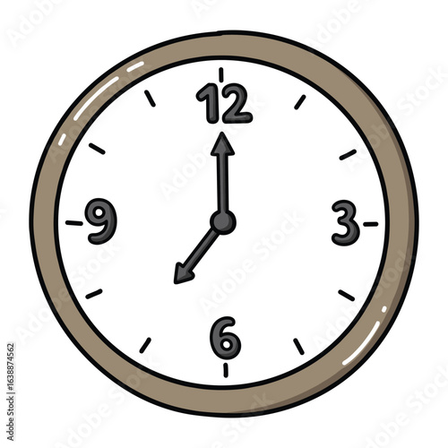 Simple round wall clock with brown frame and black hands showing noon – stock vector flat illustration