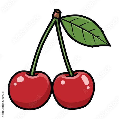 Colorful cartoon cherries with leaf – stock vector flat illustration