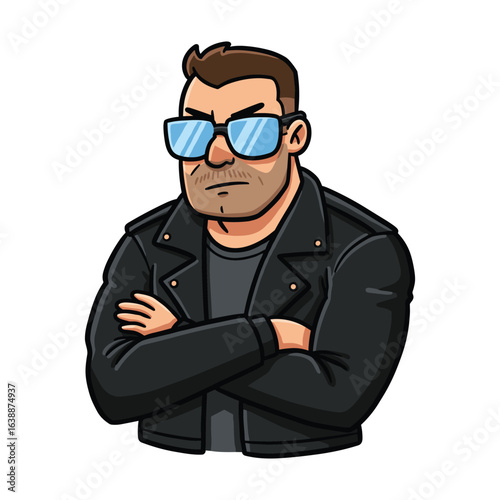 Cartoon man in black leather jacket and sunglasses with arms crossed – stock vector flat illustration