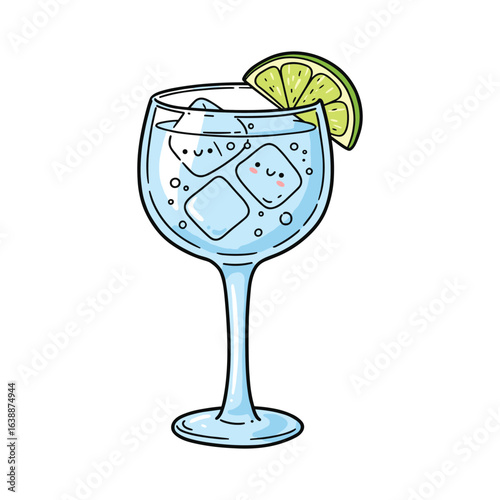 Cute blue cocktail with smiling ice cubes and lime slice in glass – stock vector flat illustration