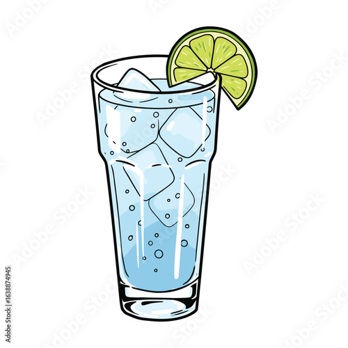 Refreshing glass of sparkling water with lime slice and ice cubes illustration – stock vector flat illustration