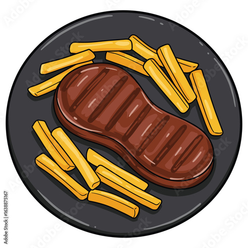 Grilled steak with french fries on black plate – stock vector flat illustration