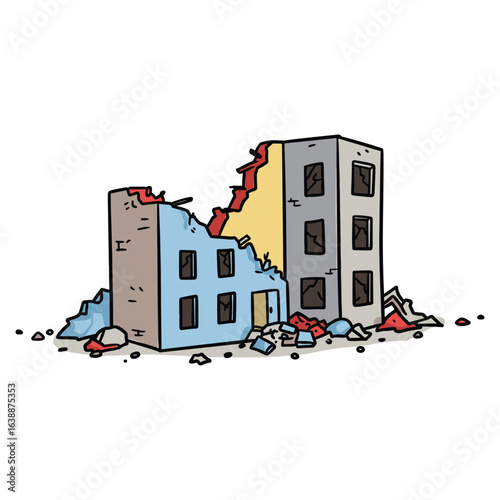 Cartoon illustration of a damaged building with debris – stock vector flat illustration