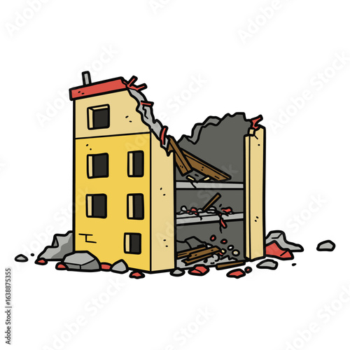 Cartoon of partially collapsed building with debris and broken roof – stock vector flat illustration