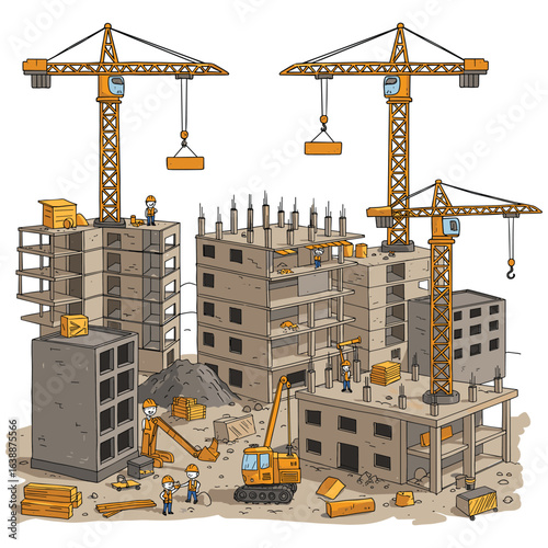 Urban construction site with cranes and workers on multiple building projects – stock vector flat illustration