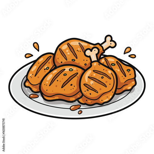 Cartoon chicken drumsticks on plate with gravy splashes – stock vector flat illustration