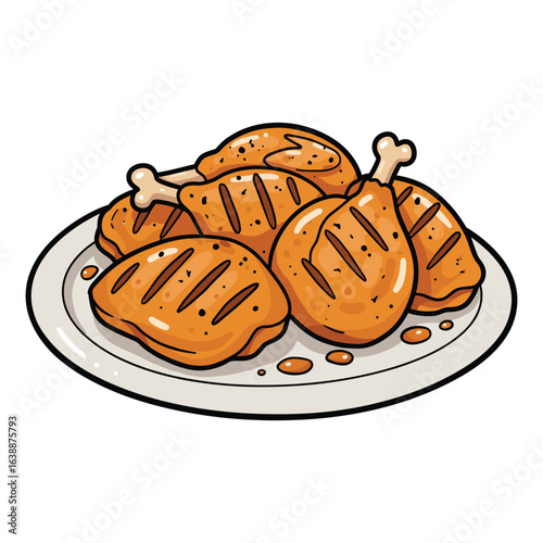 Grilled chicken drumsticks and thighs on plate with sauce – stock vector flat illustration