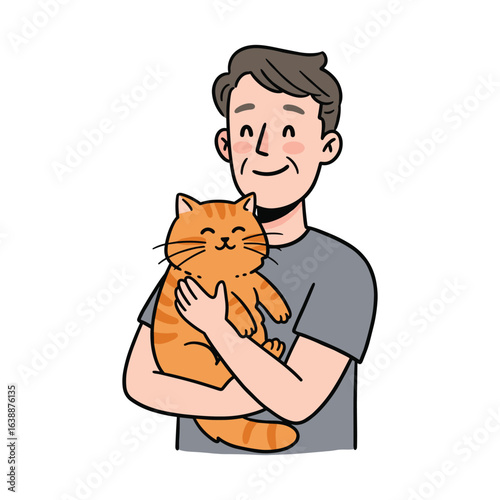 Young caucasian male hugging ginger cat with joyful expression – stock vector flat illustration