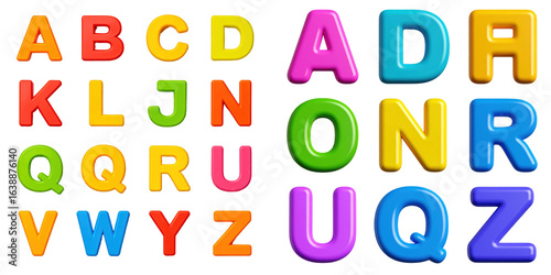 3D Plastic Style Alphabet Letters Isolated On Transparent Background With Various Colors