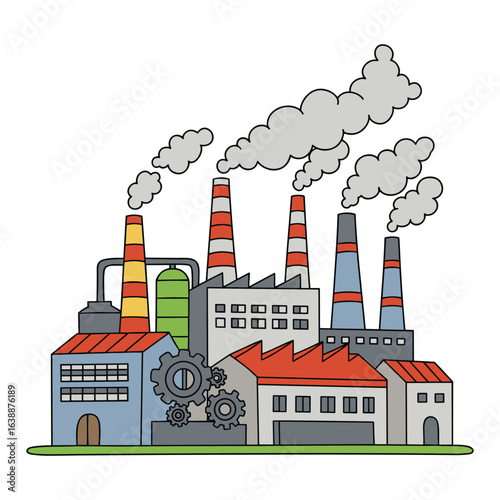 Industrial factory complex with steel structures and smoking chimneys – stock vector flat illustration