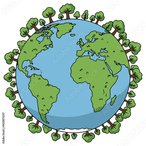 Cartoon earth with green trees encircling continents on blue globe – stock vector flat illustration