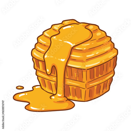 Golden honey dripping from wooden beehive with luscious drops – stock vector flat illustration