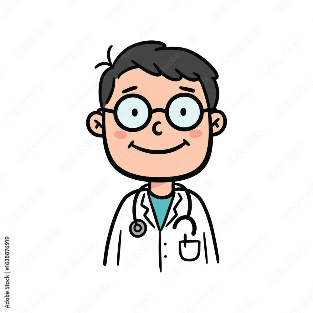 Cartoon illustration of a young male asian doctor with glasses in a white coat – stock vector flat illustration Cartoon illustration of a young male asian doctor with glasses in a white coat – stock vector flat illustration