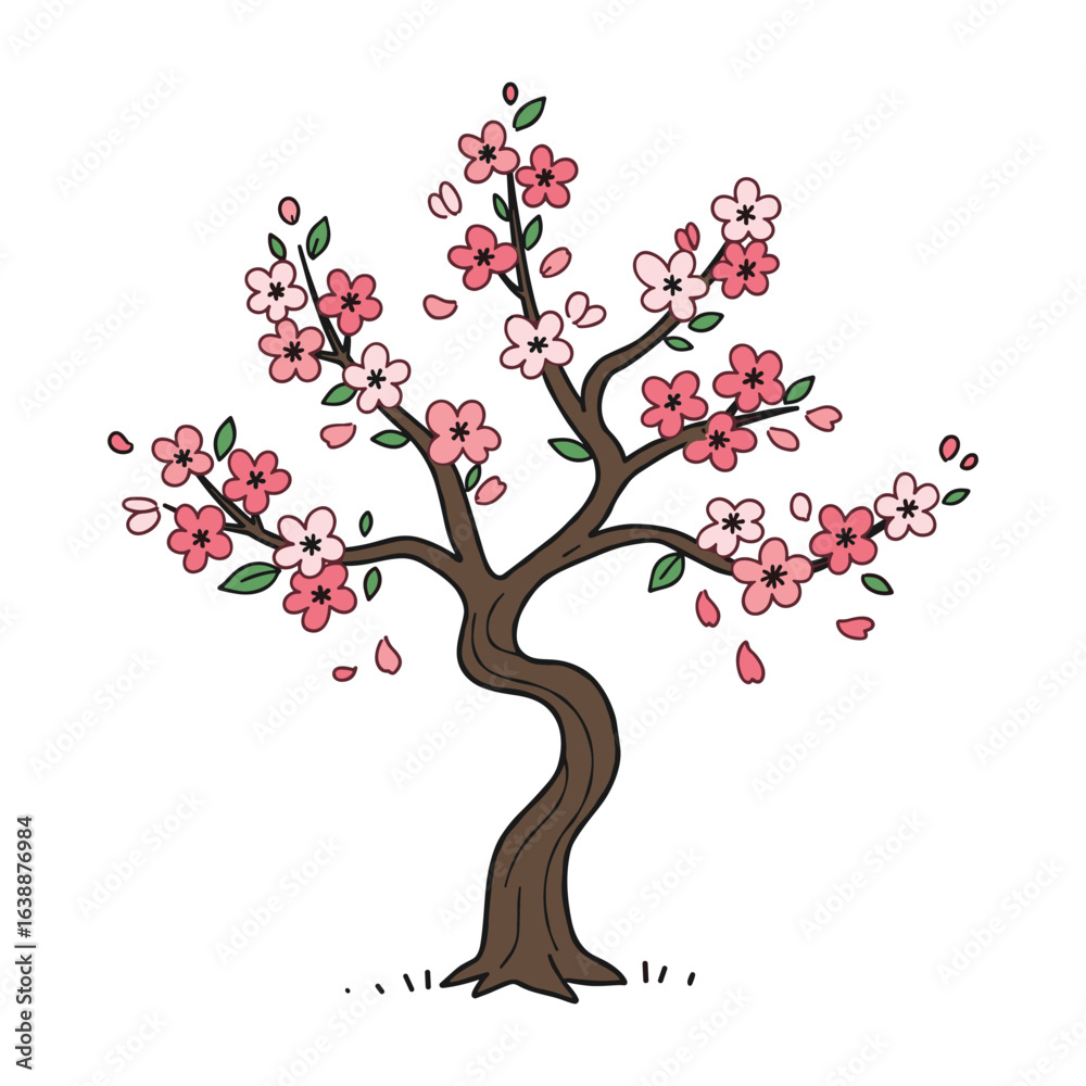 Fototapeta premium Blooming cherry blossom tree with pink flowers and green leaves in spring – stock vector flat illustration