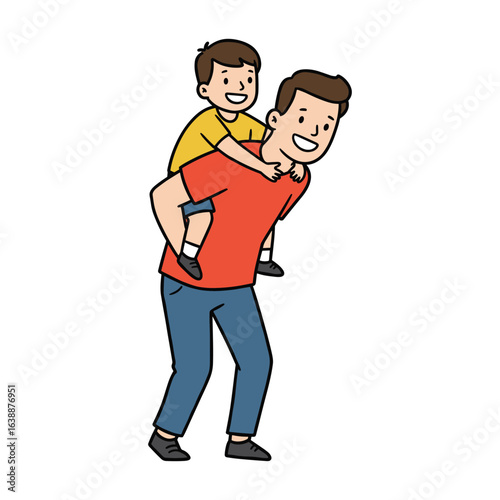 Hispanic male adult giving piggyback ride to hispanic male child smiling – stock vector flat illustration
