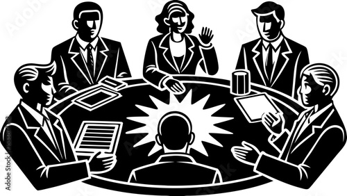 Vector illustration of a business meeting with six people around a table in black and white drawing style