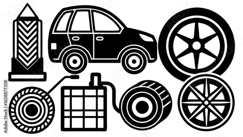 Vector illustration of a car, tires, a gas can, and a chevron patterned pillar in black and white style