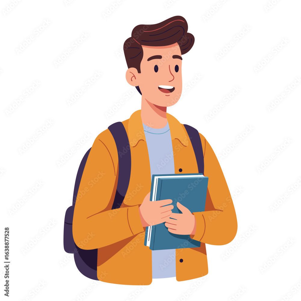 Young caucasian male student holding books with backpack smiling – stock vector flat illustration Young caucasian male student holding books with backpack smiling – stock vector flat illustration