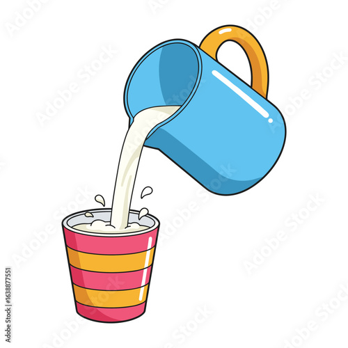 Cartoon blue pitcher pouring milk into striped cup – stock vector flat illustration