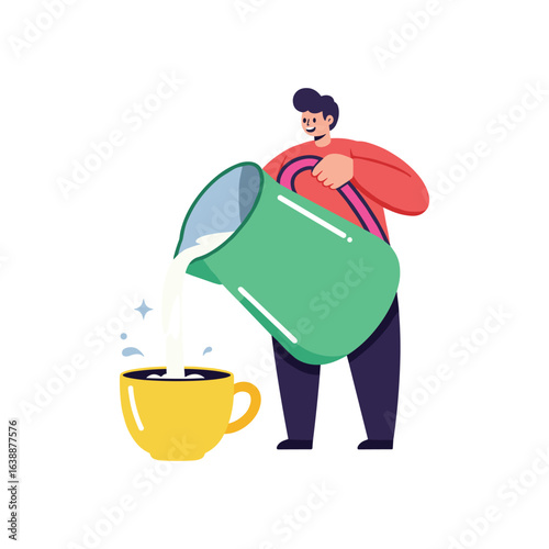 Young male pouring milk from large green jug into yellow cup cartoon – stock vector flat illustration