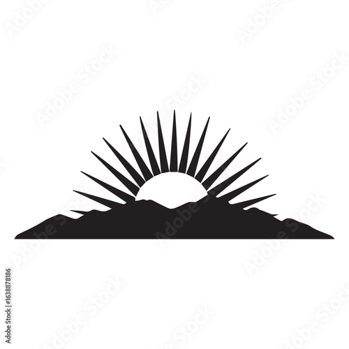 Black silhouette of mountains with sun rays emanating from behind the peaks in a minimalist design style