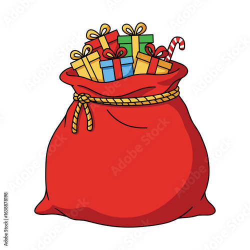 Red sack filled with colorful wrapped christmas gifts and candy cane – stock vector flat illustration