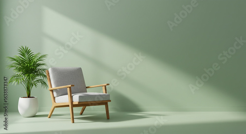 Minimalist interior design with chair and plant in green room for home decor ideas