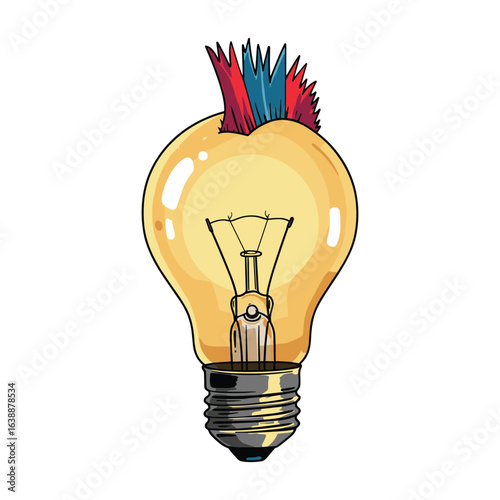 Lightbulb with colorful mohawk hair – stock vector flat illustration