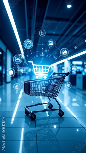 Shopping cart in a modern mall with digital icons, suggesting online/offline shopping integration