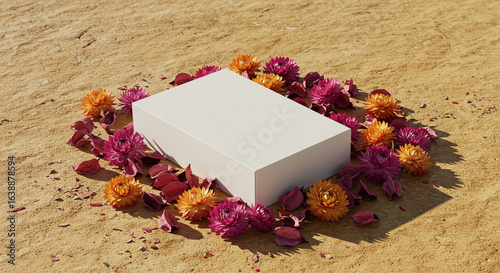 Product display mockup box with flowers on sand background for cosmetic branding