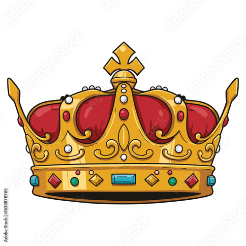 Royal golden crown with jewels and red cushion detailed illustration – stock vector flat illustration
