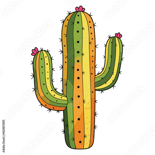 Colorful cartoon cactus with pink blossoms and prickly spines – stock vector flat illustration