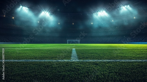 Wide view of an empty illuminated football stadium with bright floodlights and lush green field