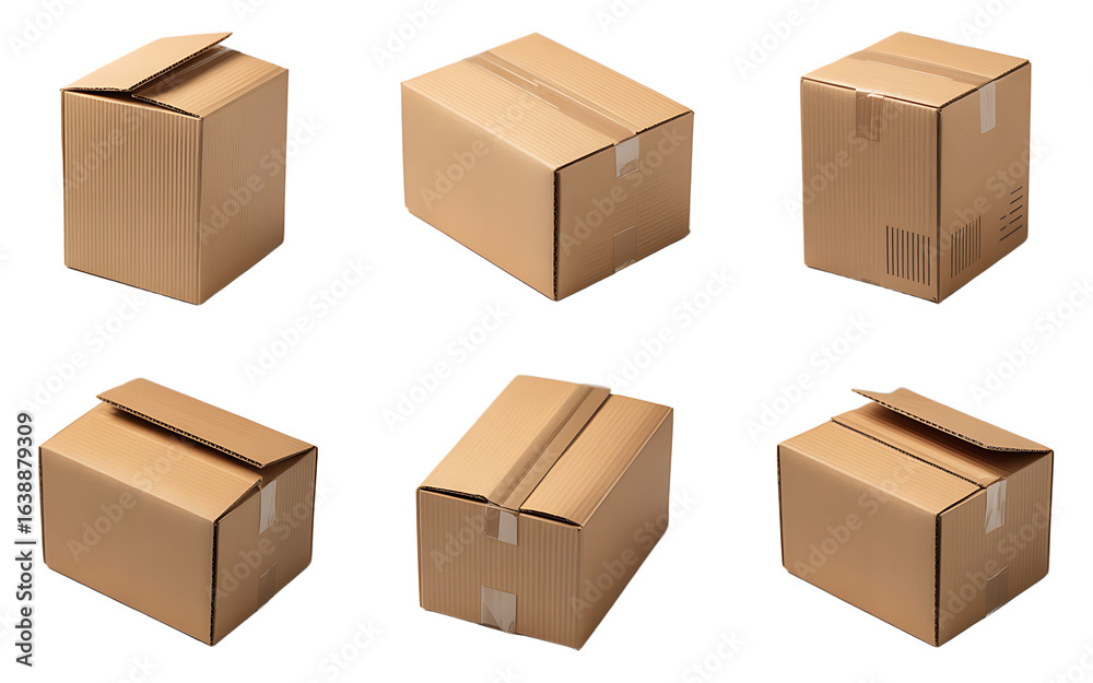 Fototapeta premium Collection of six cardboard boxes in various orientations against a transparent background perfect for shipping and packaging