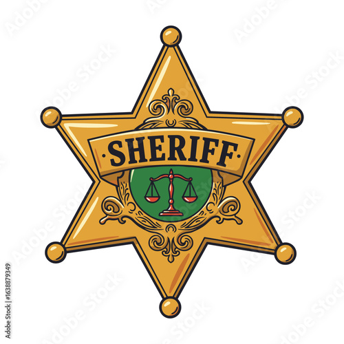 Gold sheriff badge with scales of justice emblem – stock vector flat illustration