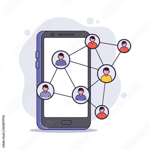 Digital networking concept with connected people icons on smartphone – stock vector flat illustration