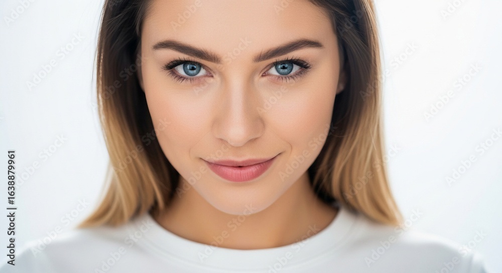 Naklejka premium Beautiful young woman with striking blue eyes and light brown hair, smiling gently against a bright, clean background.