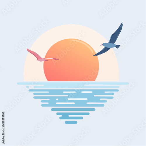 Pastel vector of a bird in flight above calm water at sunset.