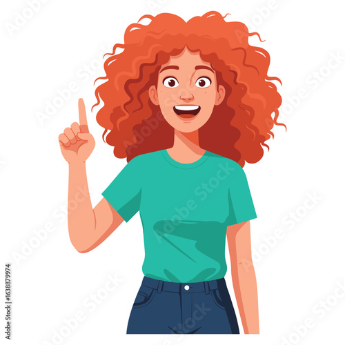 Cheerful young caucasian female with curly red hair pointing upward in casual green t-shirt – stock vector flat illustration